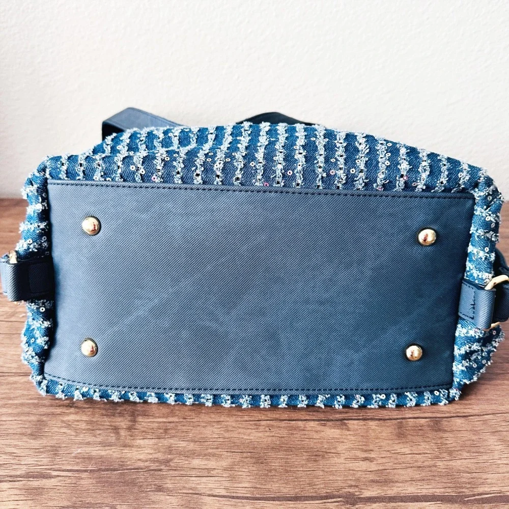 Mellow World Sequin Striped Blue Denim Double Zip Pocket Hobo Shoulder Bag